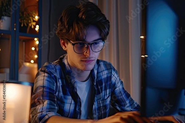 Fototapeta Student Online Cute Guy in Checked Shirt with Glasses Studying on Computer Talking on Videocall