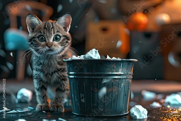 Fototapeta High Resolution of Funny Cat 3D Illustration with Trash Bin