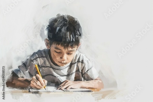 Fototapeta High Detail Picture of Portrait of an Asian Boy Studying on a White Background