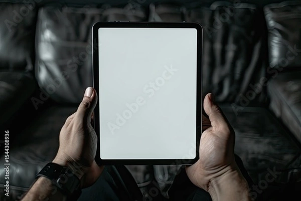 Fototapeta Digital Tablet Computer Close Up Man Using Tablet Hands Man Multitasking with Isolated Screen