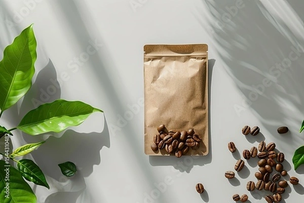 Fototapeta Mockup of a Coffee Package on a Gray Background with Stiff Shadows From the Leaves