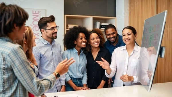 Obraz Mixed race team brainstorming on interactive digital whiteboard