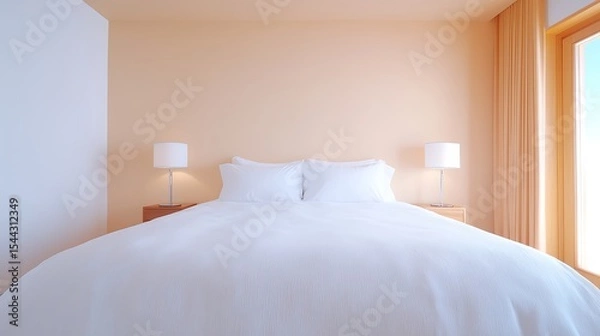 Fototapeta Warm bedroom interior design with modern bed and lamp lights around the room