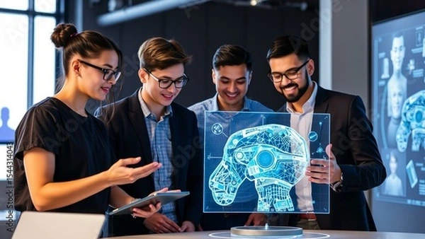Obraz Young Professionals Collaborating with Holographic AI Interface