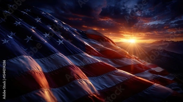 Fototapeta American flag gently waving in the breeze, golden hour sunlight, vivid red, white, and blue colors,