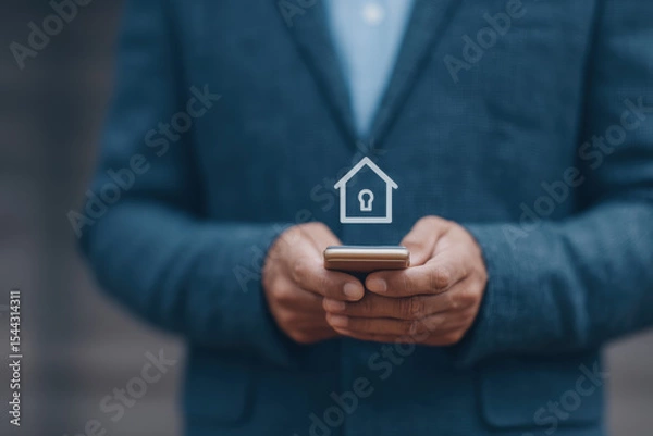 Obraz Businessman holding smartphone with digital house lock icon, representing secure online home insurance and modern technology solutions