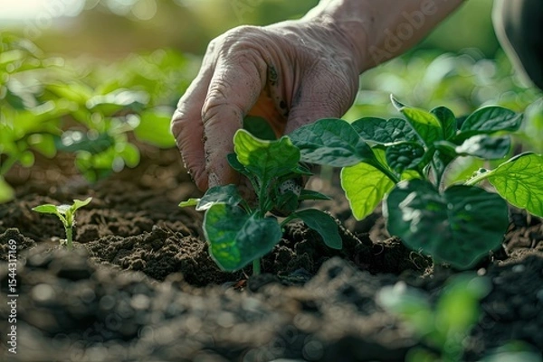 Fototapeta Clear Pixel Image of Planting Plants by Hand and Caring for Plants Growing on Fertile Soil
