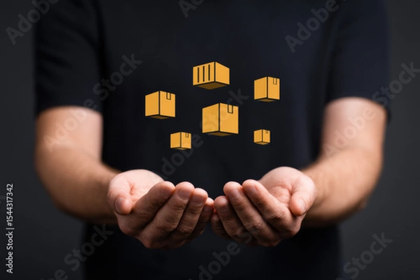 Obraz Hands floating shipping delivery icon parcel logistics package modern concept Hands holding floating shipping delivery icons symbolizing modern