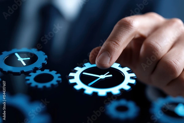 Obraz Businessman hand touching blue gear clock symbolizing time management, efficiency, productivity, and organization in business concept
