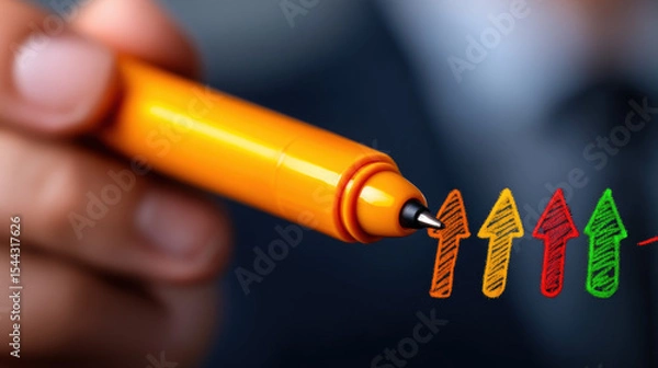 Obraz Hand holding orange pen drawing colorful upward arrows, symbolizing business growth, strategy, and positive progress in professional setting