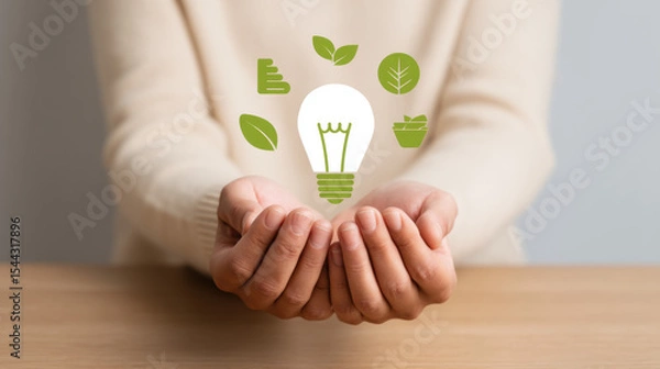 Obraz Hands holding glowing light bulb with green eco icons, symbolizing energy efficiency, sustainability, and environmental innovation