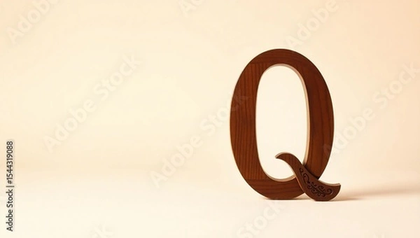 Fototapeta Capital Wooden Letter Q with Engraved Tail Made from Dark Pine – Rustic Artistic Alphabet Design on Minimalist Beige Background with Natural Texture and Clean Composition for Creative Mockup Use