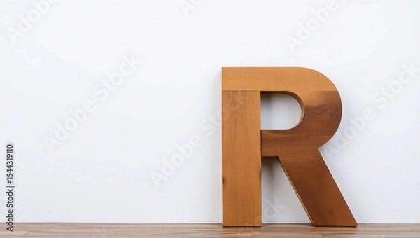 Fototapeta Bold Wooden Letter R Crafted from Light and Dark Oak Planks – Rustic Alphabet Design with Contrasting Wood Grain, Left-Aligned on Blank Wall for Minimalist Typography or Mockup Use