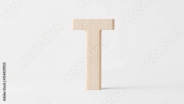 Fototapeta Capital Letter T in Light Plywood with Clean Straight Lines – Modern Wooden Alphabet Design Standing Upright in Minimal Studio Background with Soft Lighting and Ample Copy Space