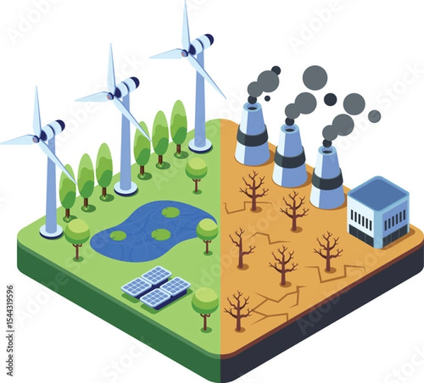 Fototapeta Isometric Climate Change with Renewable Energy vs Pollution