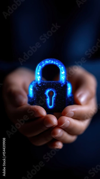 Obraz Secure hands holding glowing blue padlock, symbolizing digital protection, privacy, and safe virtual access with futuristic touch