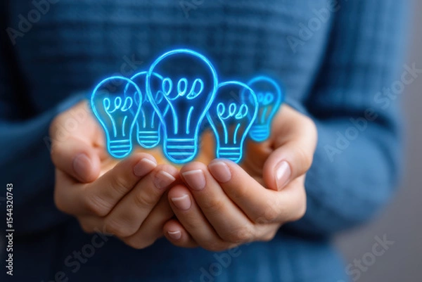 Obraz Hands holding glowing blue light bulb icons, symbolizing innovation, creativity, digital entrepreneurship, and startup ideas