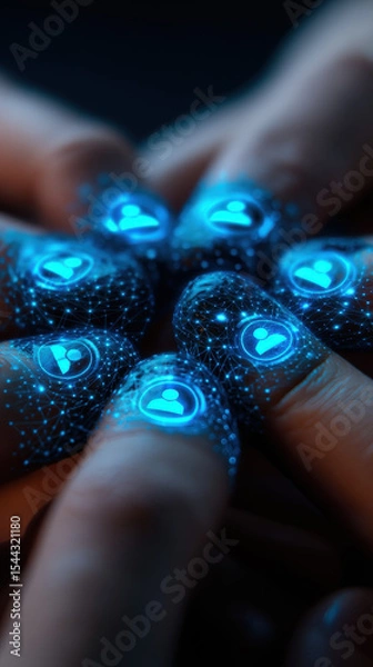 Obraz Closeup hands with glowing digital teamwork icons, collaboration, connection, and innovation, futuristic and inspiring mood