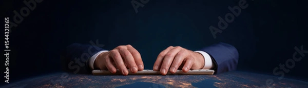 Obraz Businessman hands typing keyboard global market technology concept, digital world connection, innovation, night, professional, success
