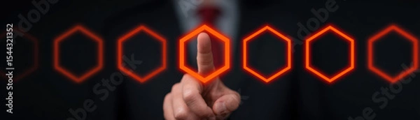 Obraz Businessman hand touching glowing hexagon icon, digital interface, innovation, technology, futuristic, decision making