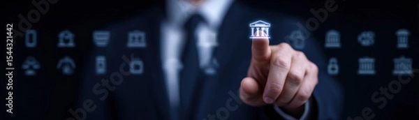 Obraz Businessman touching digital bank icon, financial technology, online banking, secure transaction, innovation concept