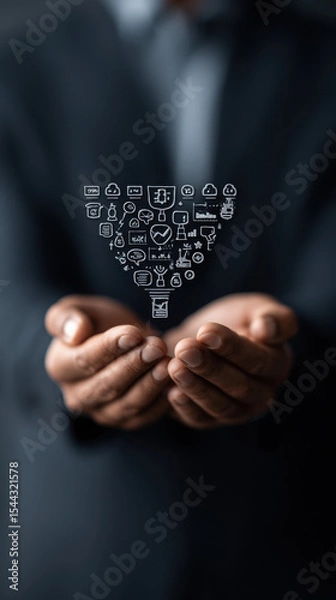 Obraz Businessman hands holding virtual marketing funnel icons digital strategy technology innovation success professional modern creative