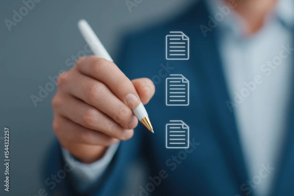 Obraz Businessman hand holding stylus with virtual contract document icon, digital signature, technology concept