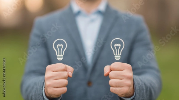 Obraz Businessman holding two light bulb icons, symbolizing innovation, creativity, and new ideas in entrepreneurship, outdoor setting