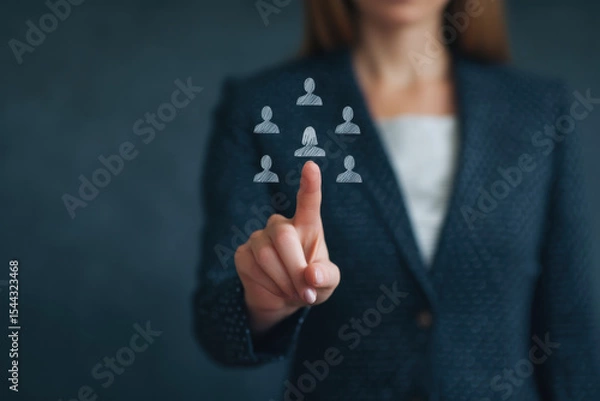 Obraz Businesswoman hand touching virtual hiring icon, recruitment, human resource, selection, professional, technology, confident