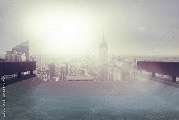 Obraz Flat design rooftop terrace is stretching to skyline, with spire-topped skyscraper shining in haze