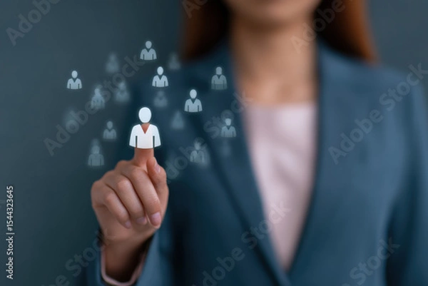 Obraz Businesswoman hand selecting virtual employee icon, recruitment and remote hiring concept, professional HR management