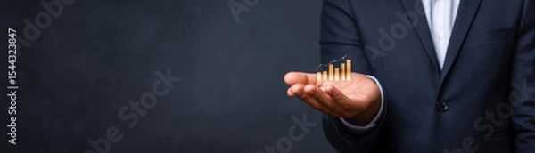Obraz Businessman hand holding glowing bar chart, financial growth, success, professional suit, dark background, optimistic, analytics