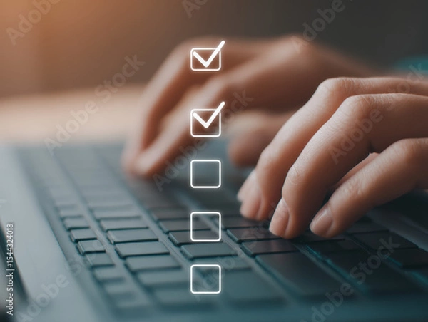 Obraz Hand typing on laptop keyboard with digital checklist icons, productivity and technology concept, focused and efficient mood