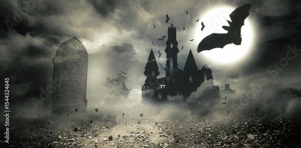 Obraz Graphic image of bats flying by castle