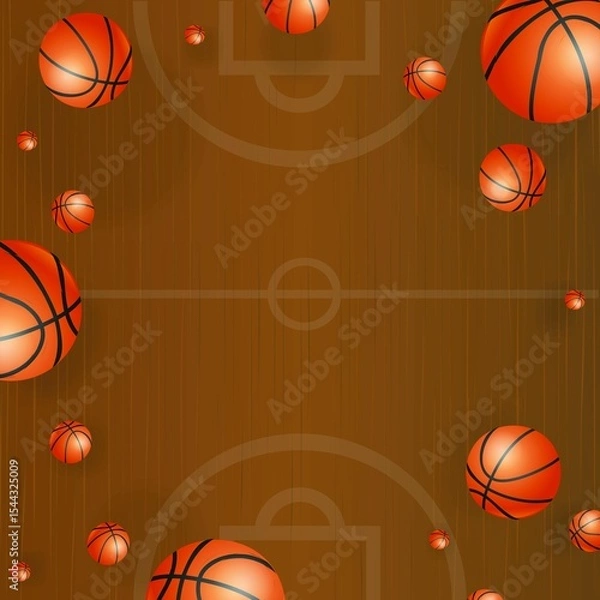 Obraz Square image of orange basketballs falling onto brown court, with central copy space