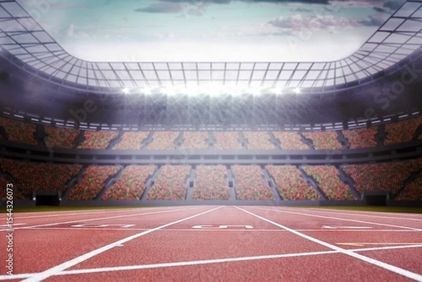 Fototapeta Running track lanes are spanning flat design under floodlights with clear roof panels and stands