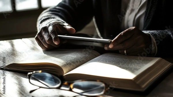 Fototapeta Person Reading Book and Using Tablet with Glasses on Table