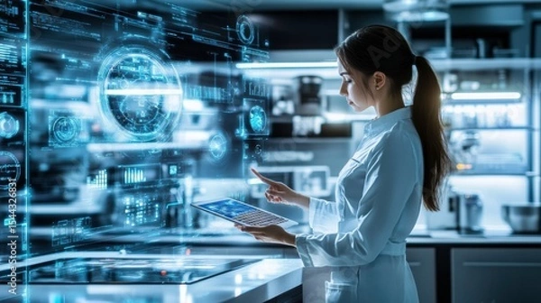 Fototapeta Scientist Engaged in Data Analysis with a High-Tech Interface Display