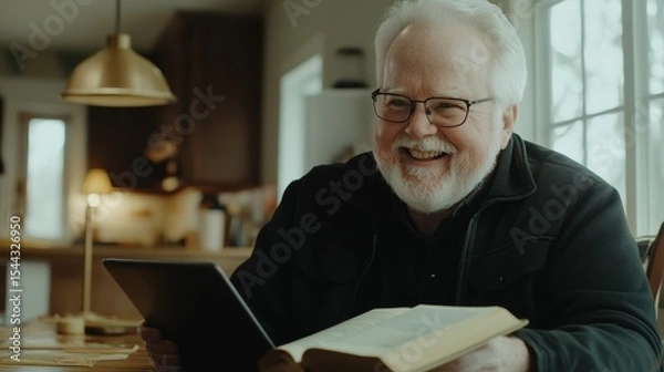 Fototapeta Senior Man Enjoying Reading a Book and eBook in Cozy Home Setting