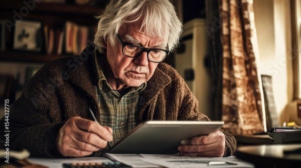 Fototapeta Thoughtful Elderly Man Working on Tablet in Cozy Home Office Setting