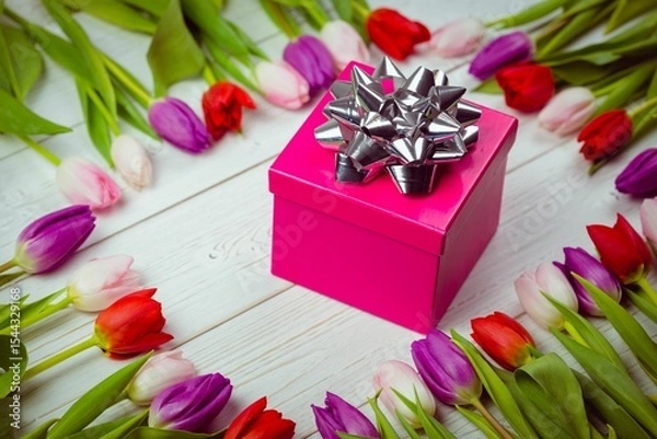 Obraz Flat-design pink gift box is resting on white wooden table with silver bow and tulip wreath