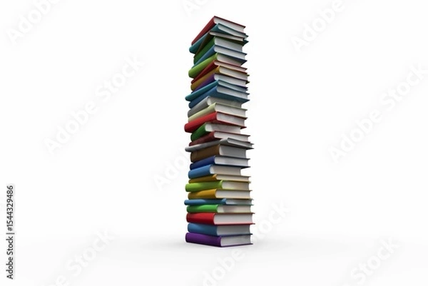 Obraz Colorful hardcover book stack is standing in 3D render studio with white surface, copy space
