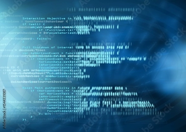 Obraz Floating white, light blue code dancing over blue gradient waves with light flares in digital art