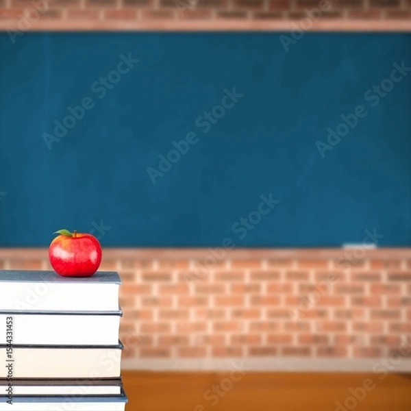 Fototapeta Red apple on pile of books in classroom