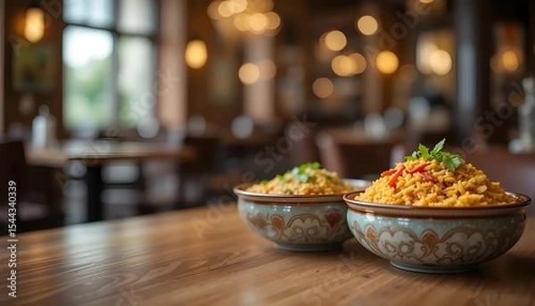 Fototapeta Ai generated image of two bowls of delicious indian biryani on a wooden table