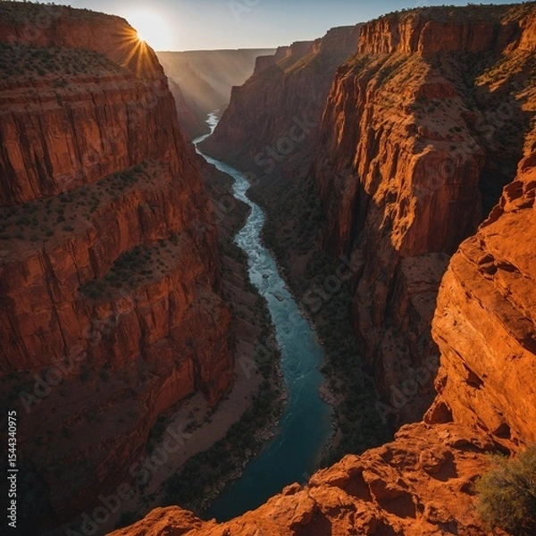 Fototapeta Describe the dramatic beauty of a canyon carved over centuries, glowing orange and red under a sinking sun