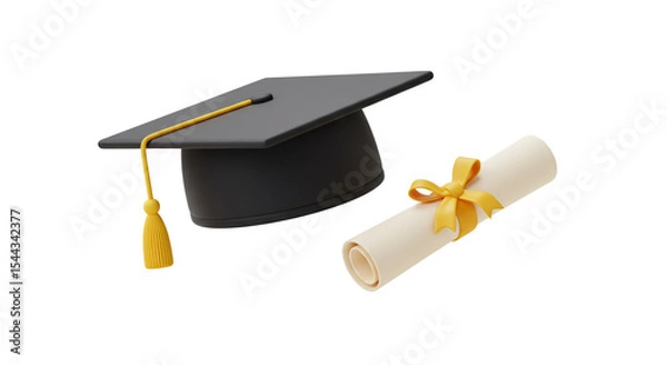 Fototapeta Graduation cap and diploma scroll in cartoon 3D style representing academic achievement and success isolated on a transparent background, png, cutout.