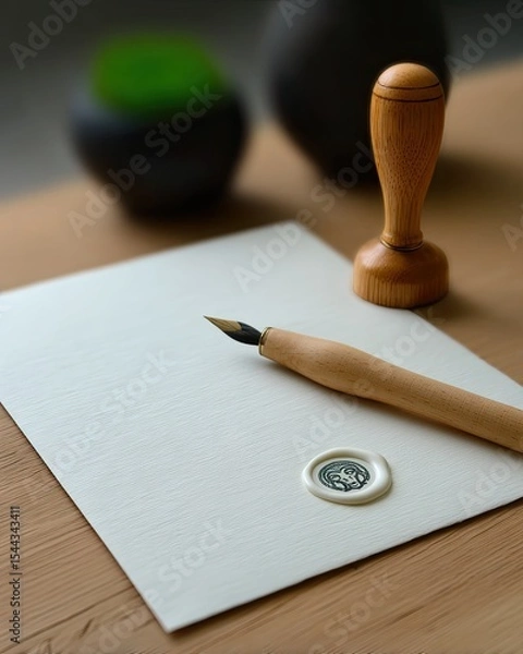Obraz Textured Paper with White Wax Seal and Wooden Stamp