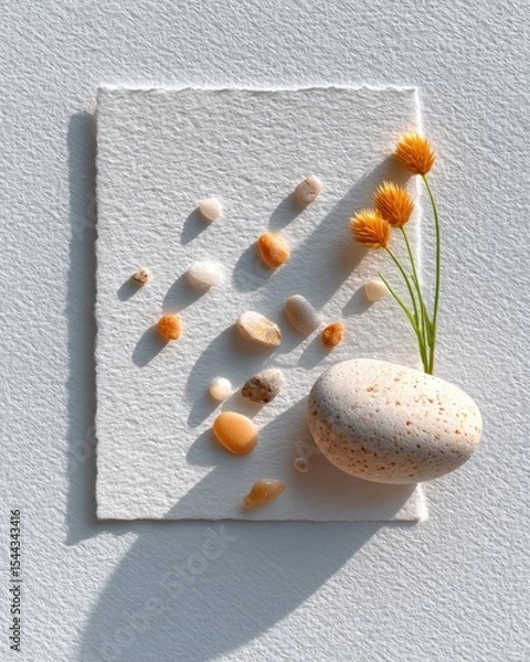 Obraz Textured Paper with Smooth Stones and Yellow Flowers