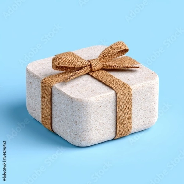 Obraz Textured Square Gift Box with Tan Ribbon on Light Blue Background